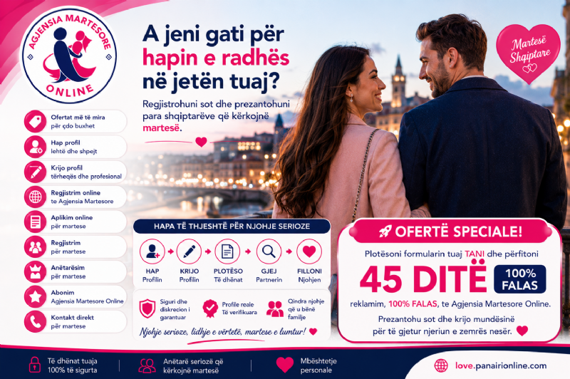 Ofertat Agjensia Martesore Online, hap profil, krijo profil, regjistrim online te agjensia martesore, aplikim online per martese, regjistrim per martese, anetaresim per martese, abonim Agjensia Martesore Online, kontakt direkt per martese